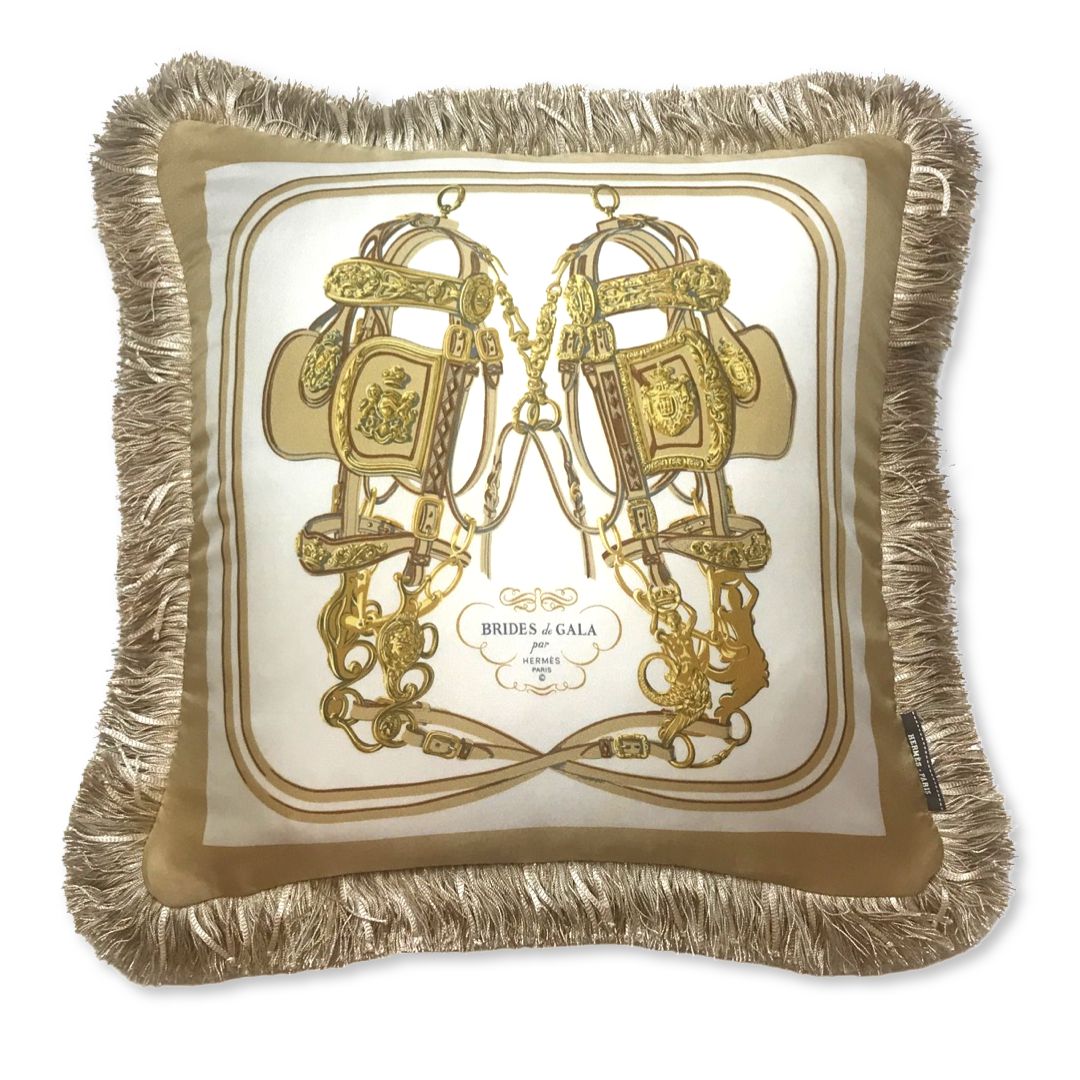 Vintage Hermes Pillow Brides de Gala Sable Vintage Silk Scarf Pillow 19" at Vintage Luxe Up