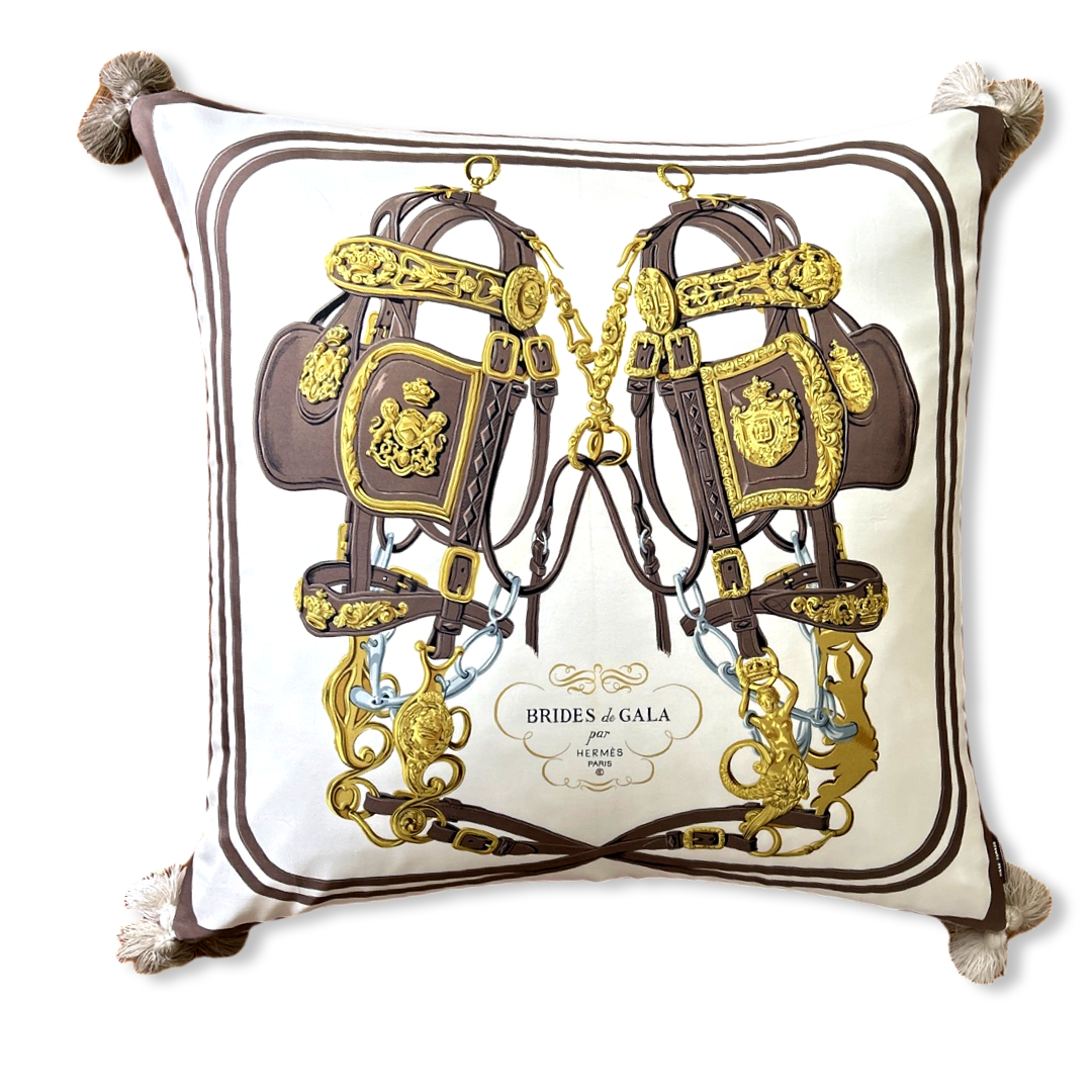 Vintage Hermes Pillow Brides de Gala Taupe Vintage Silk Scarf Pillow 30" at Vintage Luxe Up