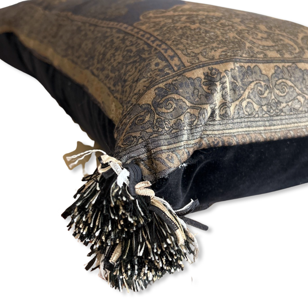 Bronze Paisley Vintage Lurex & Silk Scarf Lumbar Pillow 52”