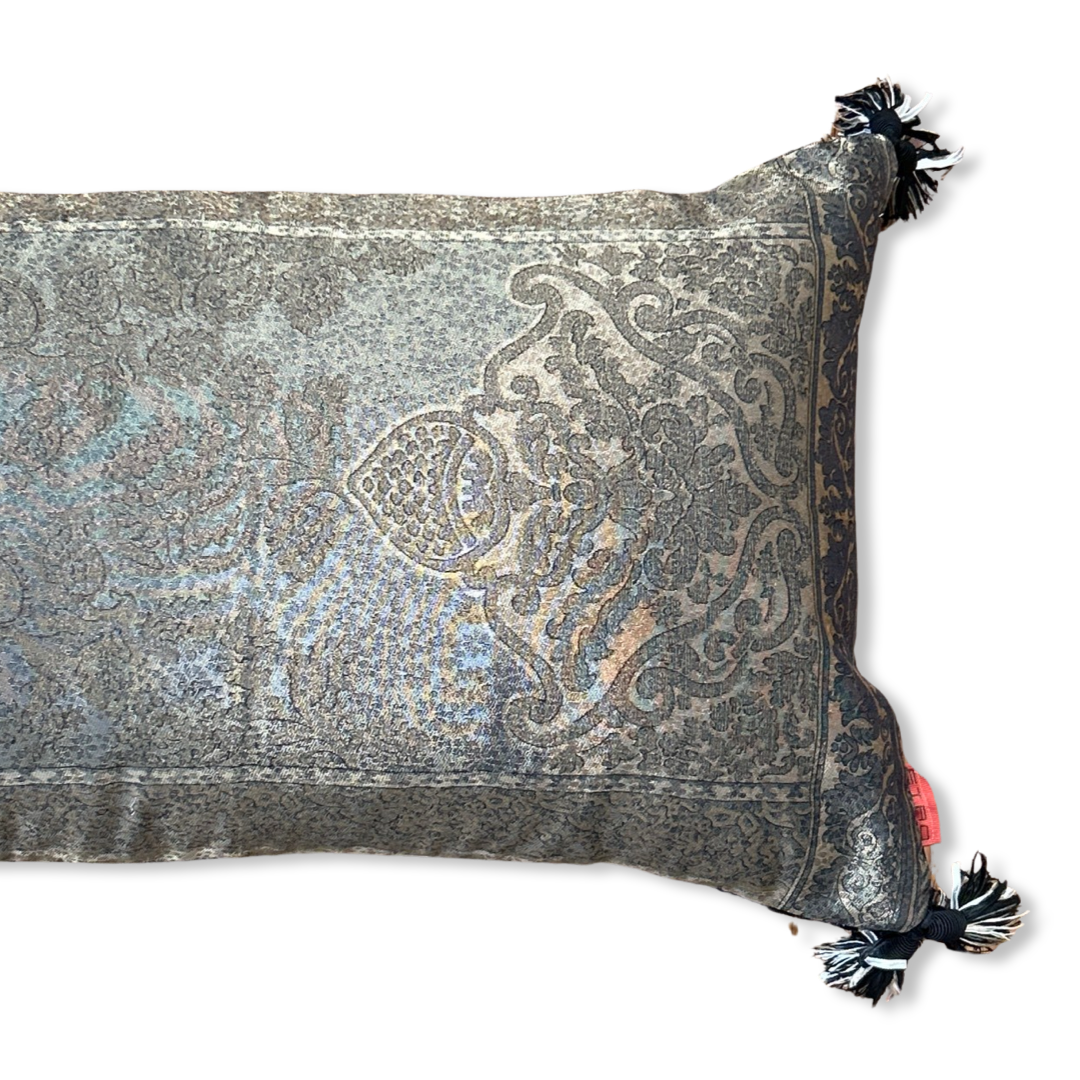 Bronze Paisley Vintage Lurex & Silk Scarf Lumbar Pillow 52”