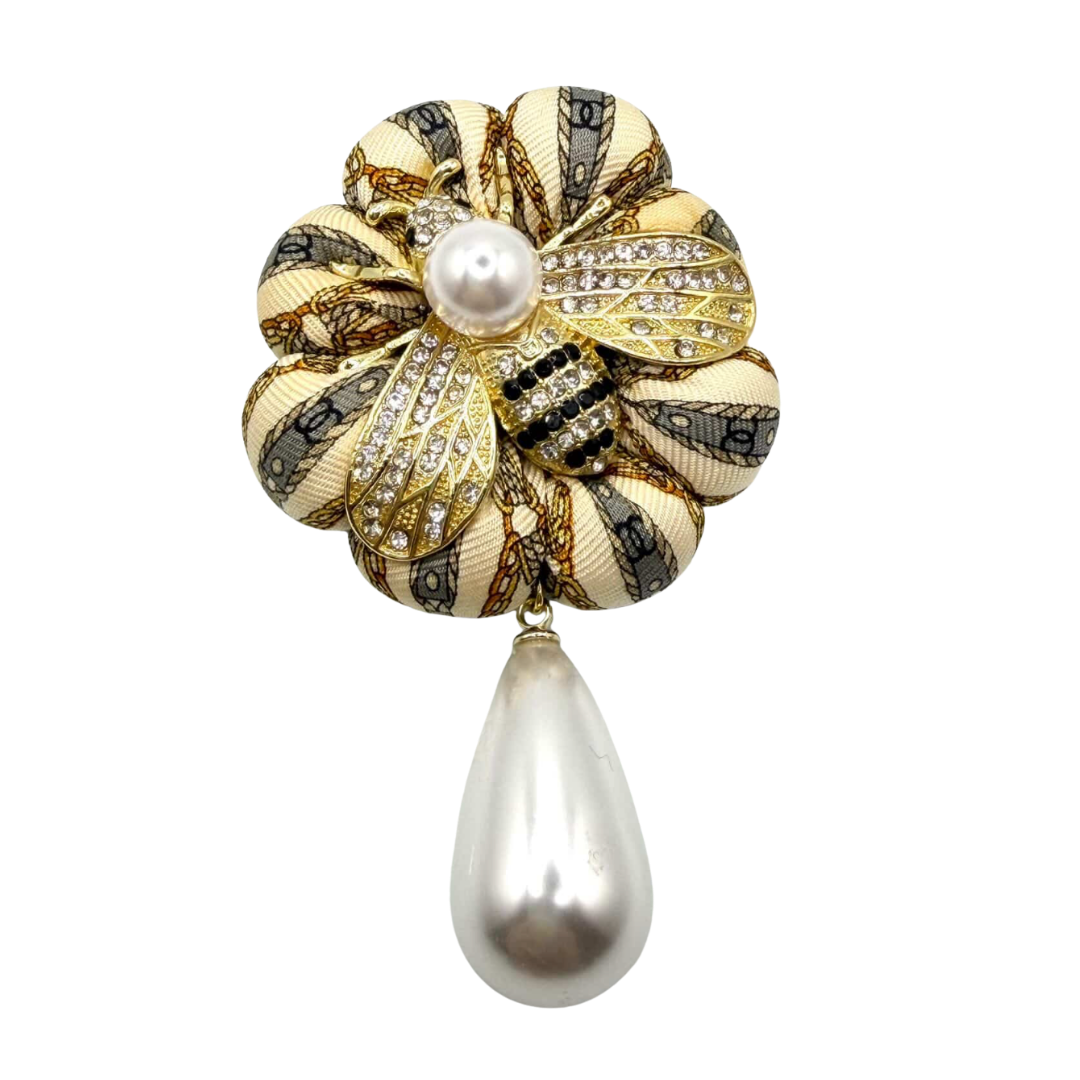 CC Chain Print Vintage Silk Necktie Rosette Brooch