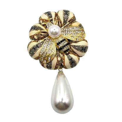 CC Chain Print Vintage Silk Necktie Rosette Brooch