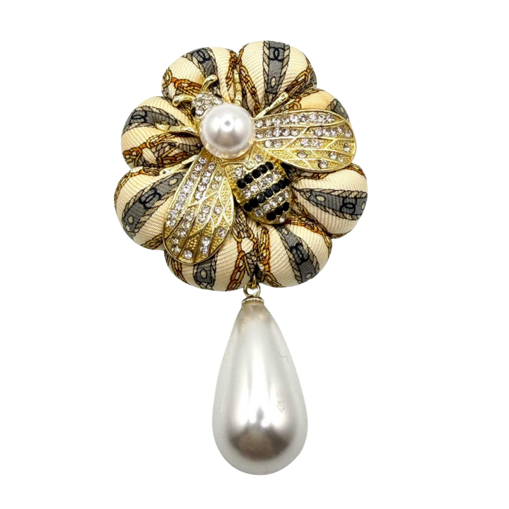 CC Chain Print Vintage Silk Necktie Rosette Brooch