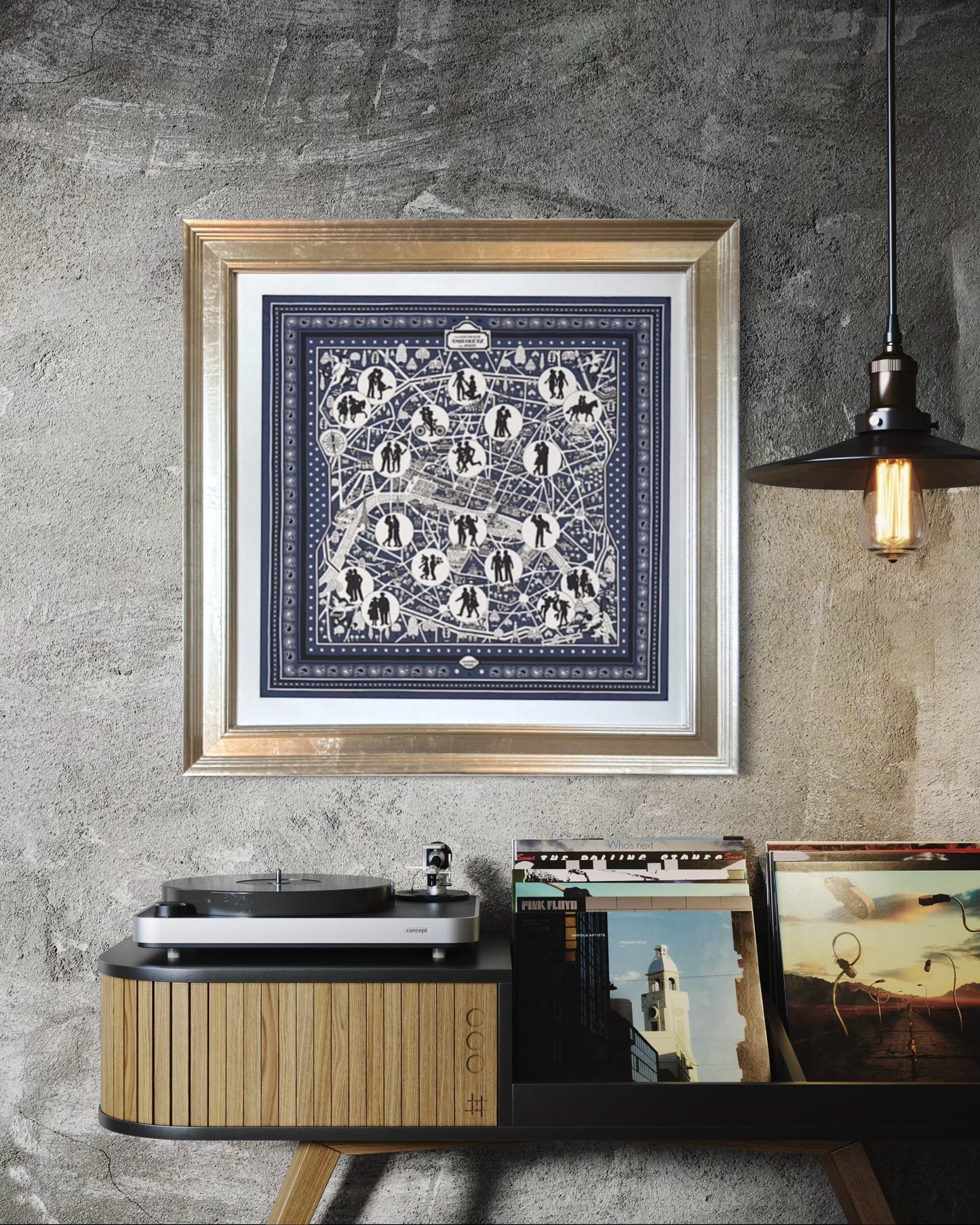 Nouveaux Amoureux de Paris Framed Vintage Silk Scarf 27"