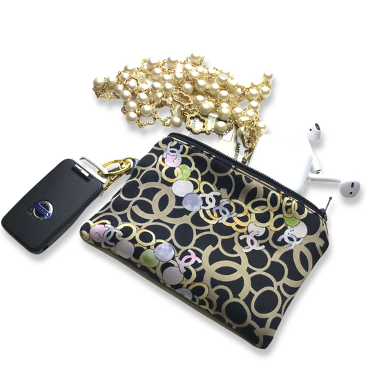 Vintage Chanel keychain bag CC Noir Vintage Silk Scarf Coffee Run Keychain Bag at Vintage Luxe Up
