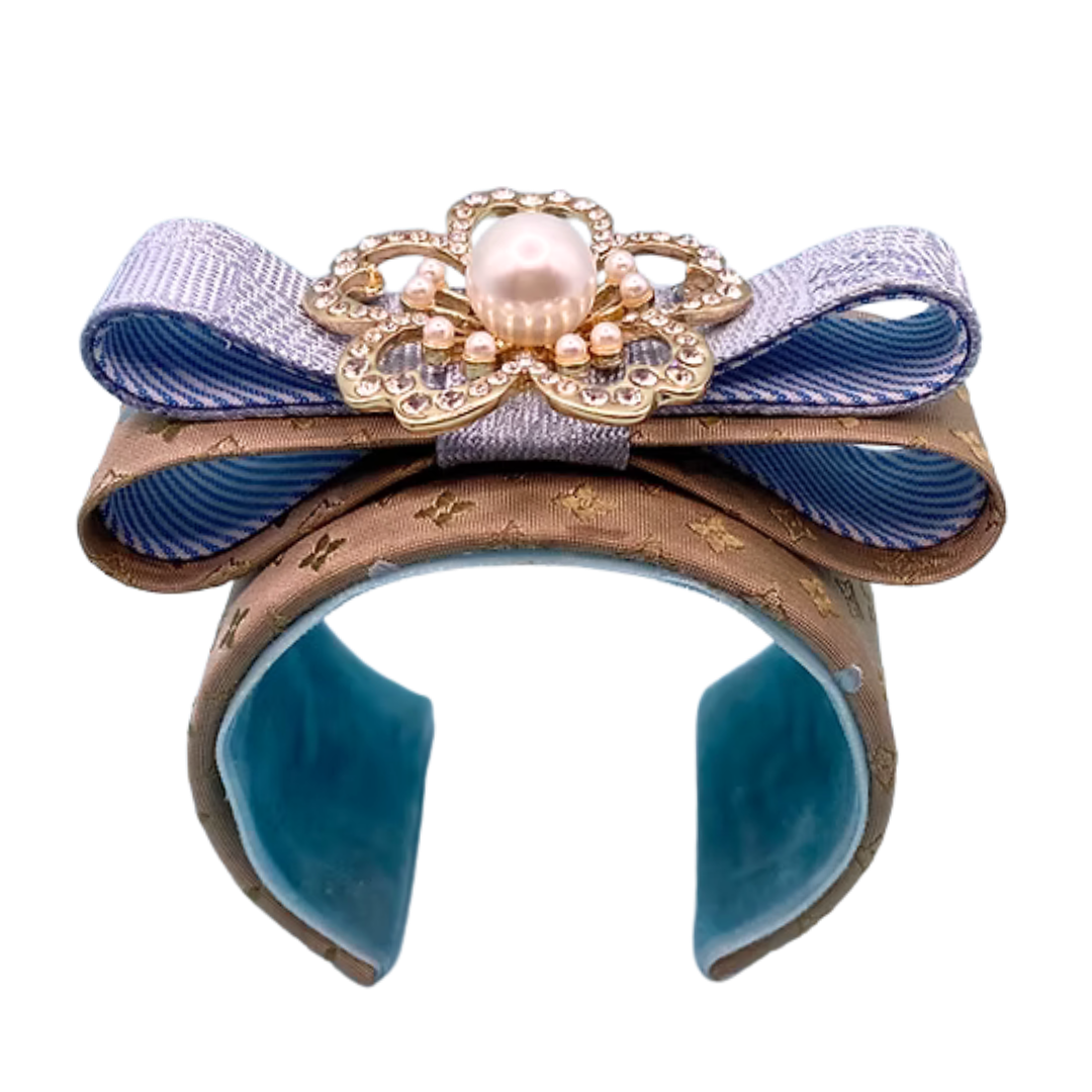 Flower LV Logo Vintage Silk Necktie Cuff Bracelet