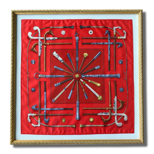 Framed Hermes Scarf Cannes et Pommeaux Framed Vintage Silk Scarf 20" Vintage Hermes at Vintage Luxe Up
