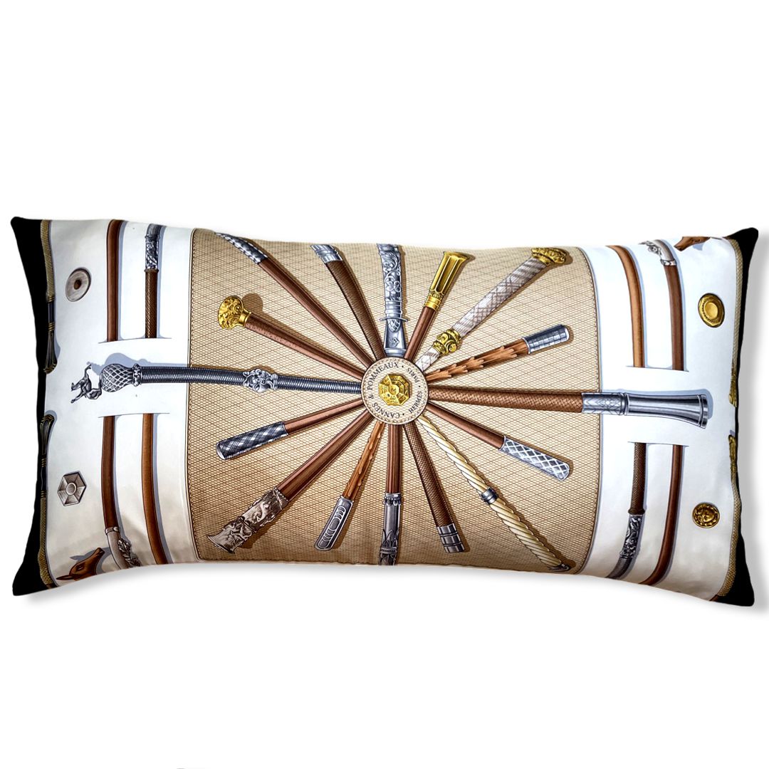Vintage Hermes Pillow Cannes et Pommeaux Silk Scarf Lumbar Pillow 35" at Vintage Luxe Up