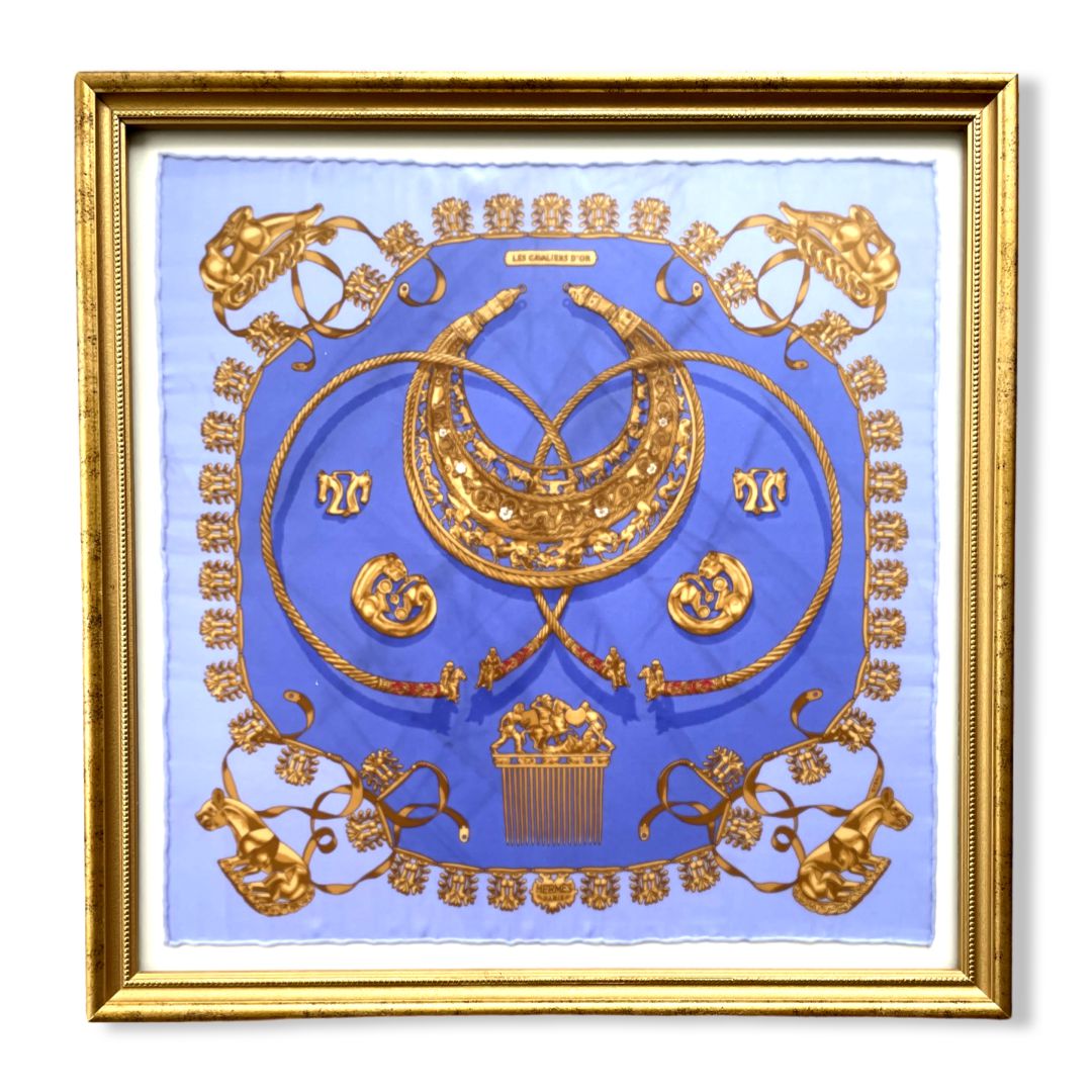 Framed Hermes Scarf Cavaliers d'Or Framed Vintage Silk Scarf 20" Vintage Hermes at Vintage Luxe Up