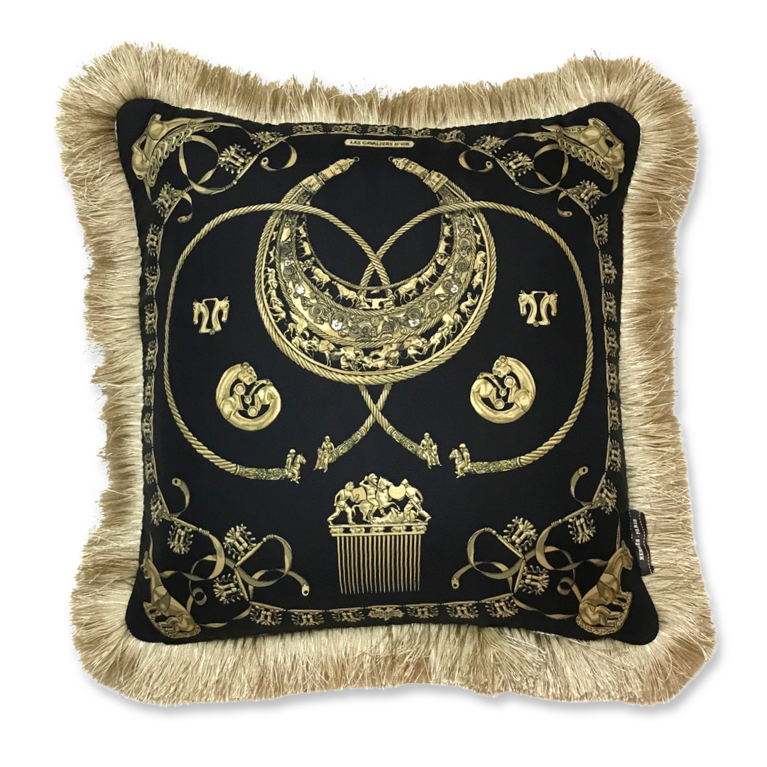 Vintage Hermes Pillow Cavaliers d'Or Noir Vintage Silk Scarf Pillow 19" at Vintage Luxe Up