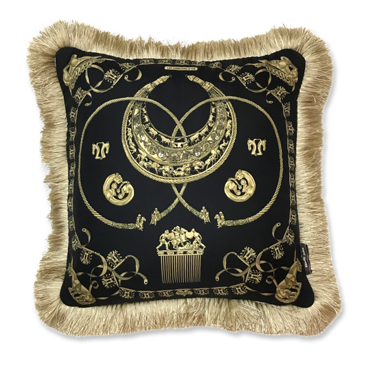 Vintage Hermes Pillow Cavaliers d'Or Noir Vintage Silk Scarf Pillow 19" at Vintage Luxe Up