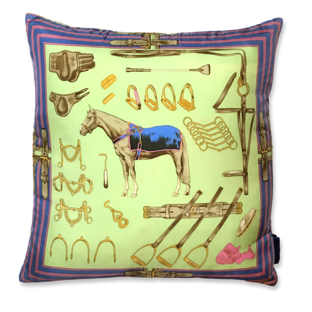 Vintage Ralph Lauren Pillow Celadon Equestrian Vintage Silk Scarf Pillow 22" at Vintage Luxe Up