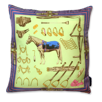 Vintage Ralph Lauren Pillow Celadon Equestrian Vintage Silk Scarf Pillow 22" at Vintage Luxe Up