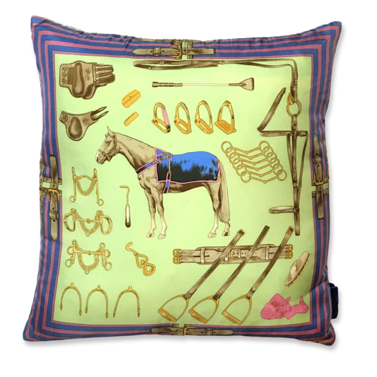 Vintage Ralph Lauren Pillow Celadon Equestrian Vintage Silk Scarf Pillow 22" at Vintage Luxe Up