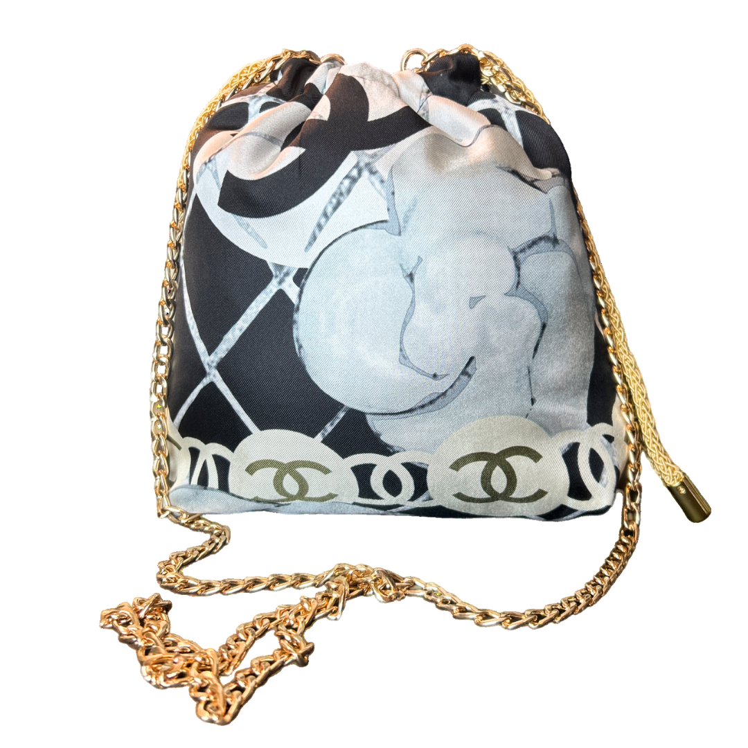 Chanel CC Logo Camellia Noir Scarf | Chanel Crossbody Bag at Vintage Luxe Up