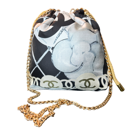 Chanel CC Logo Camellia Noir Scarf | Chanel Crossbody Bag at Vintage Luxe Up