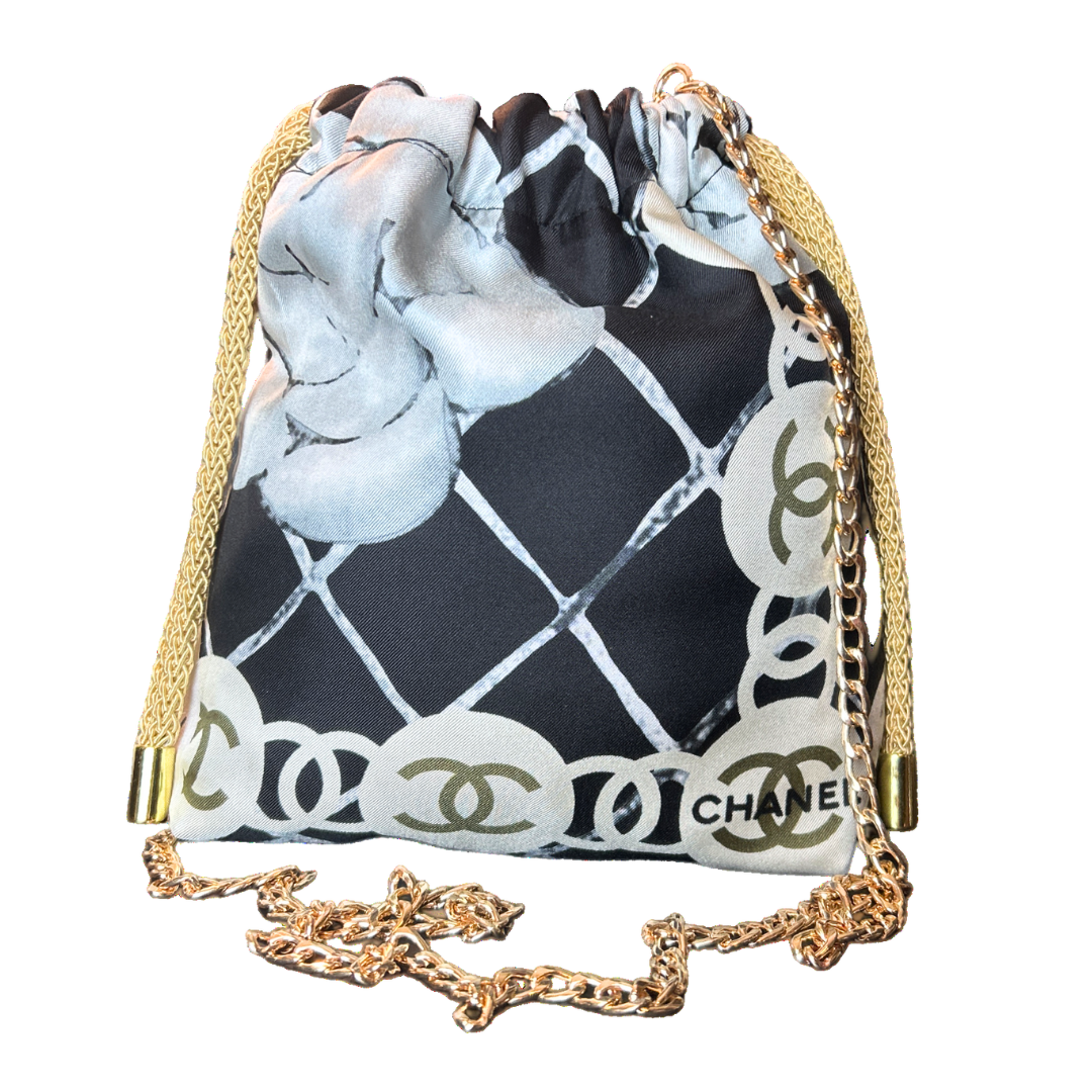 Chanel CC Logo Camellia Noir Scarf | Chanel Crossbody Bag at Vintage Luxe Up