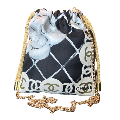Chanel CC Logo Camellia Noir Scarf | Chanel Crossbody Bag at Vintage Luxe Up