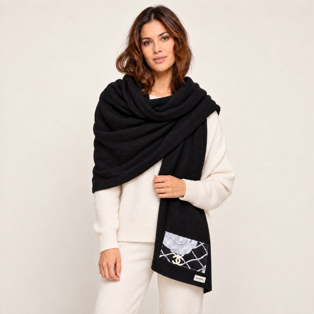 Chanel CC Camellia Silk Scarf & Cashmere Shawl at Vintage Luxe Up