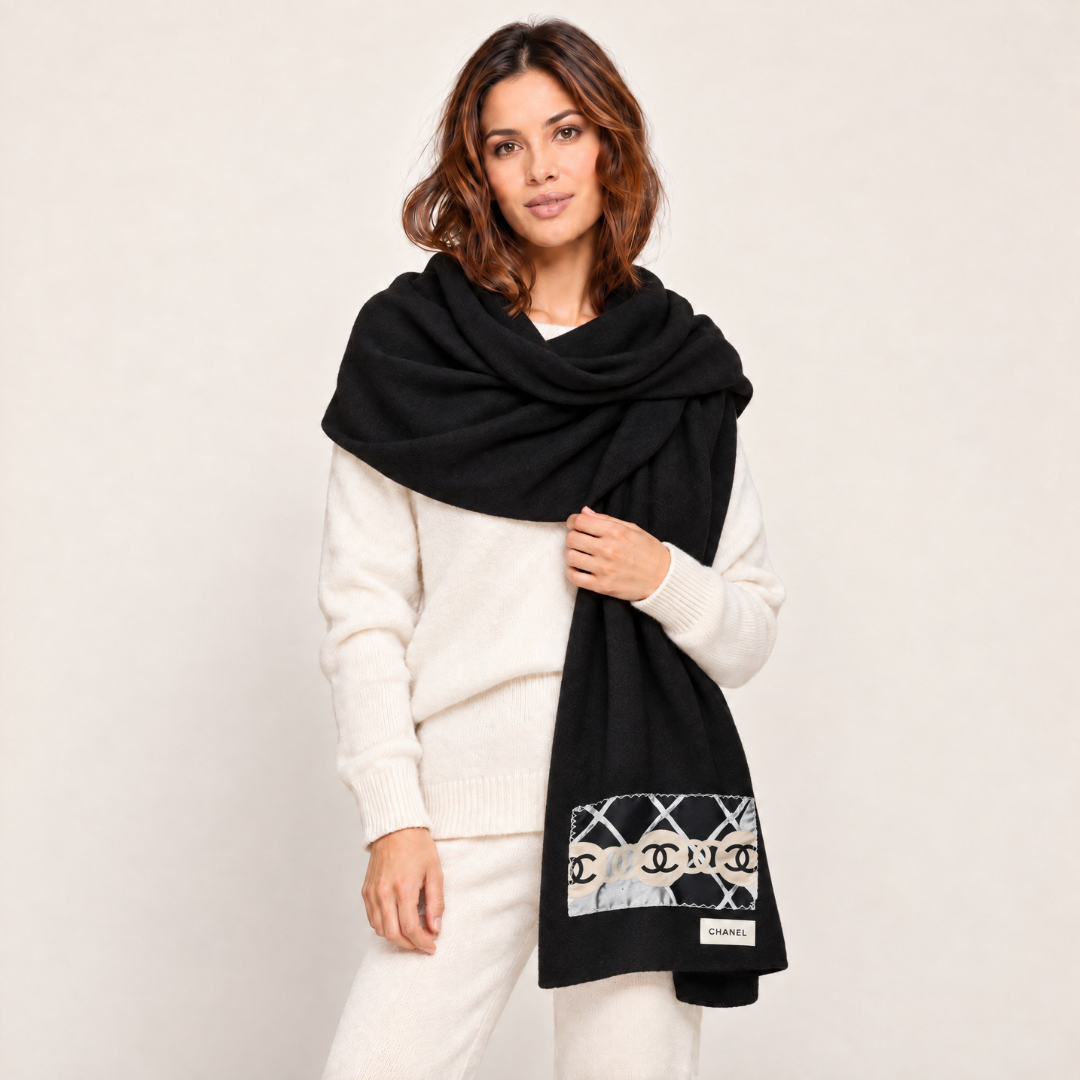 Chanel CC Camellia Silk Scarf & Cashmere Shawl at Vintage Luxe Up