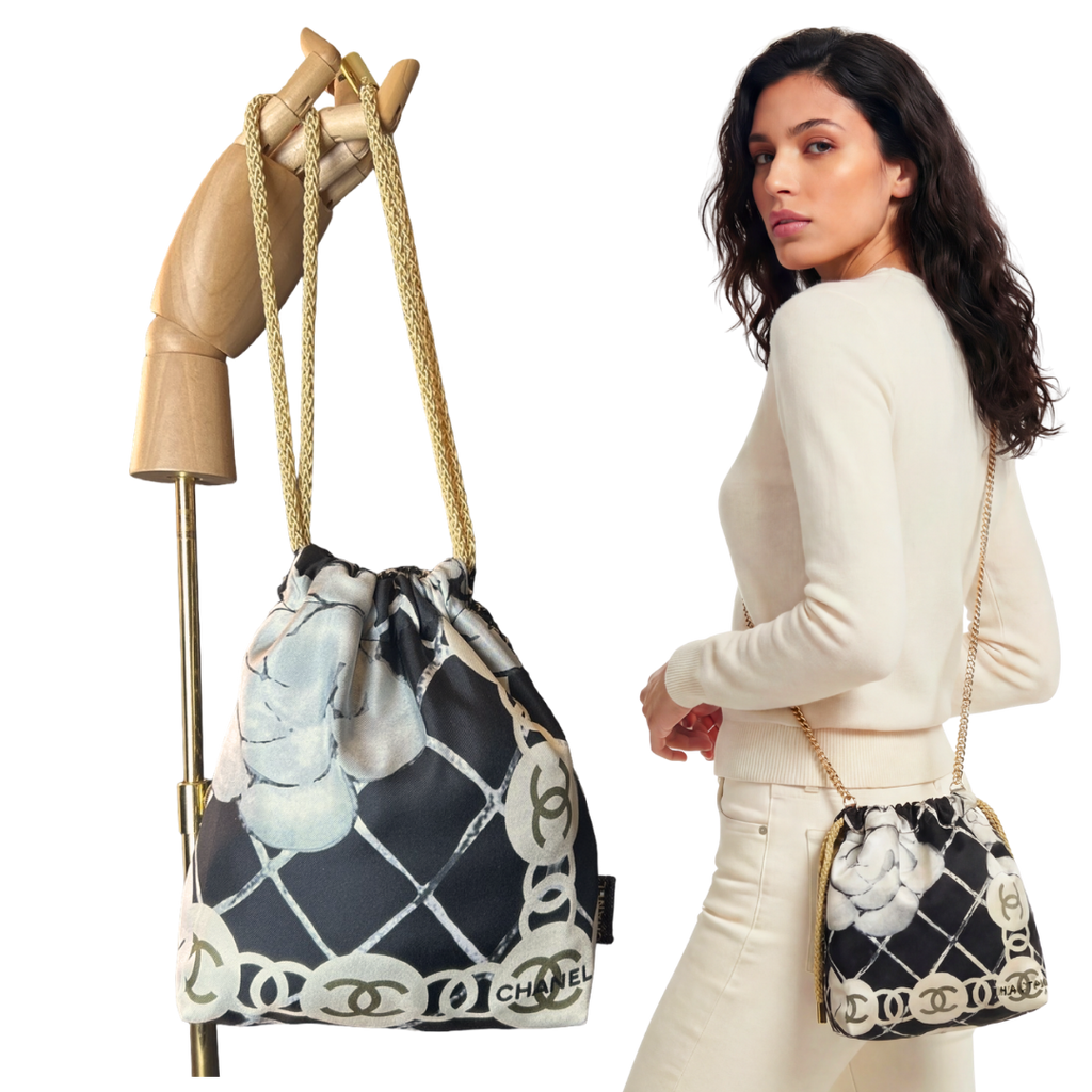 Chanel CC Logo Camellia Noir Scarf | Chanel Crossbody Bag at