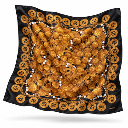 CC Gold Coins Noir Vintage Silk Scarf Coffee Run Keychain Bag