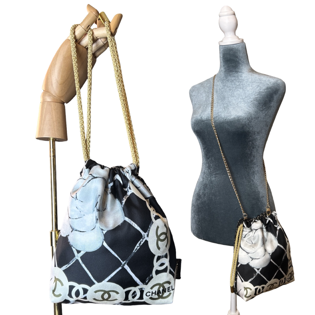 Chanel CC Logo Camellia Noir Scarf | Chanel Crossbody Bag at Vintage Luxe Up