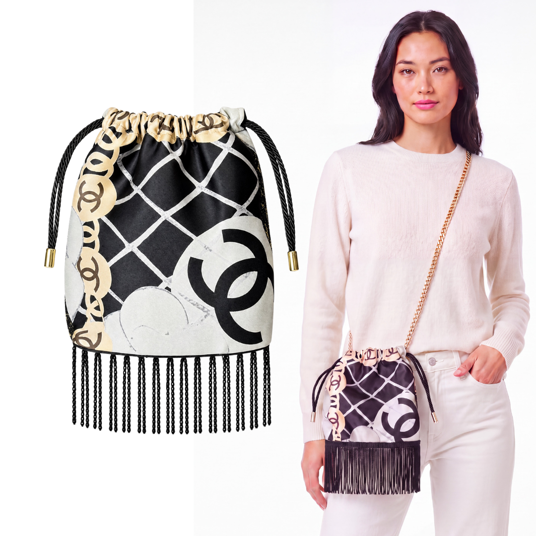 CC Camellia Noir Vintage Scarf Drawstring Crossbody Bag with Fringe