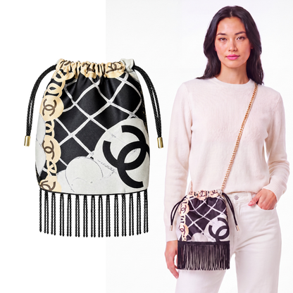 CC Camellia Noir Vintage Scarf Drawstring Crossbody Bag with Fringe