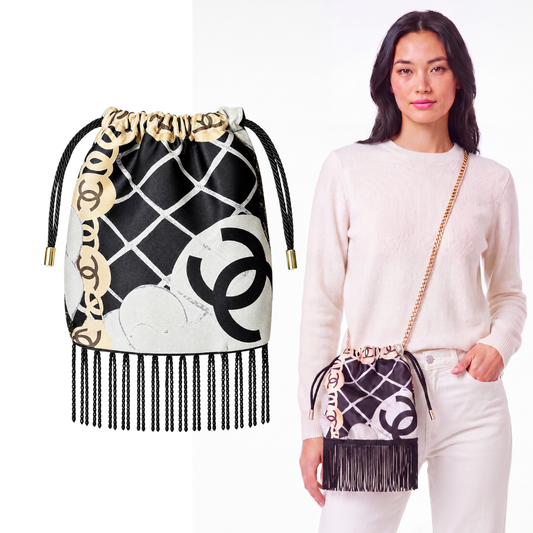 CC Camellia Noir Vintage Scarf Drawstring Crossbody Bag with Fringe