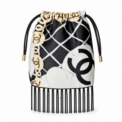 CC Camellia Noir Vintage Scarf Drawstring Crossbody Bag with Fringe