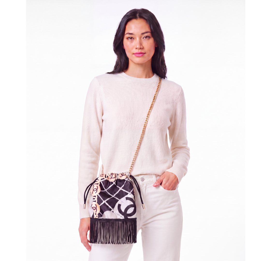 CC Camellia Noir Vintage Scarf Drawstring Crossbody Bag with Fringe