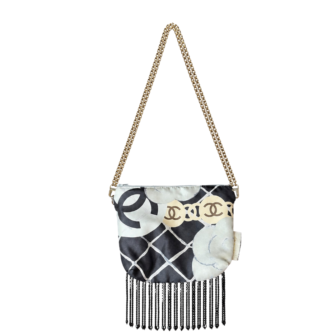 CC Camellia Noir Vintage Scarf Crossbody Bag with Fringe