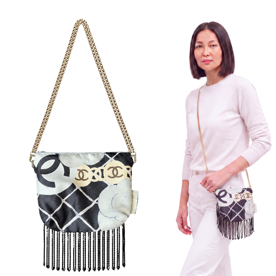 CC Camellia Noir Vintage Scarf Crossbody Bag with Fringe