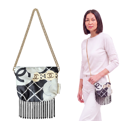 CC Camellia Noir Vintage Scarf Crossbody Bag with Fringe