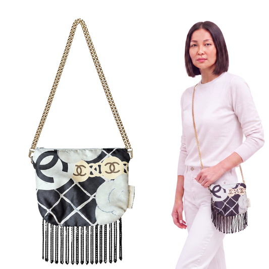 CC Camellia Noir Vintage Scarf Crossbody Bag with Fringe