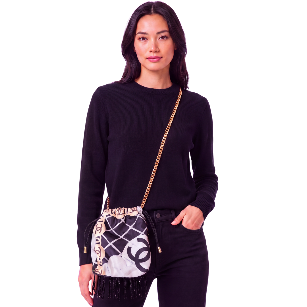 CC Camellia Noir Vintage Scarf Drawstring Crossbody Bag