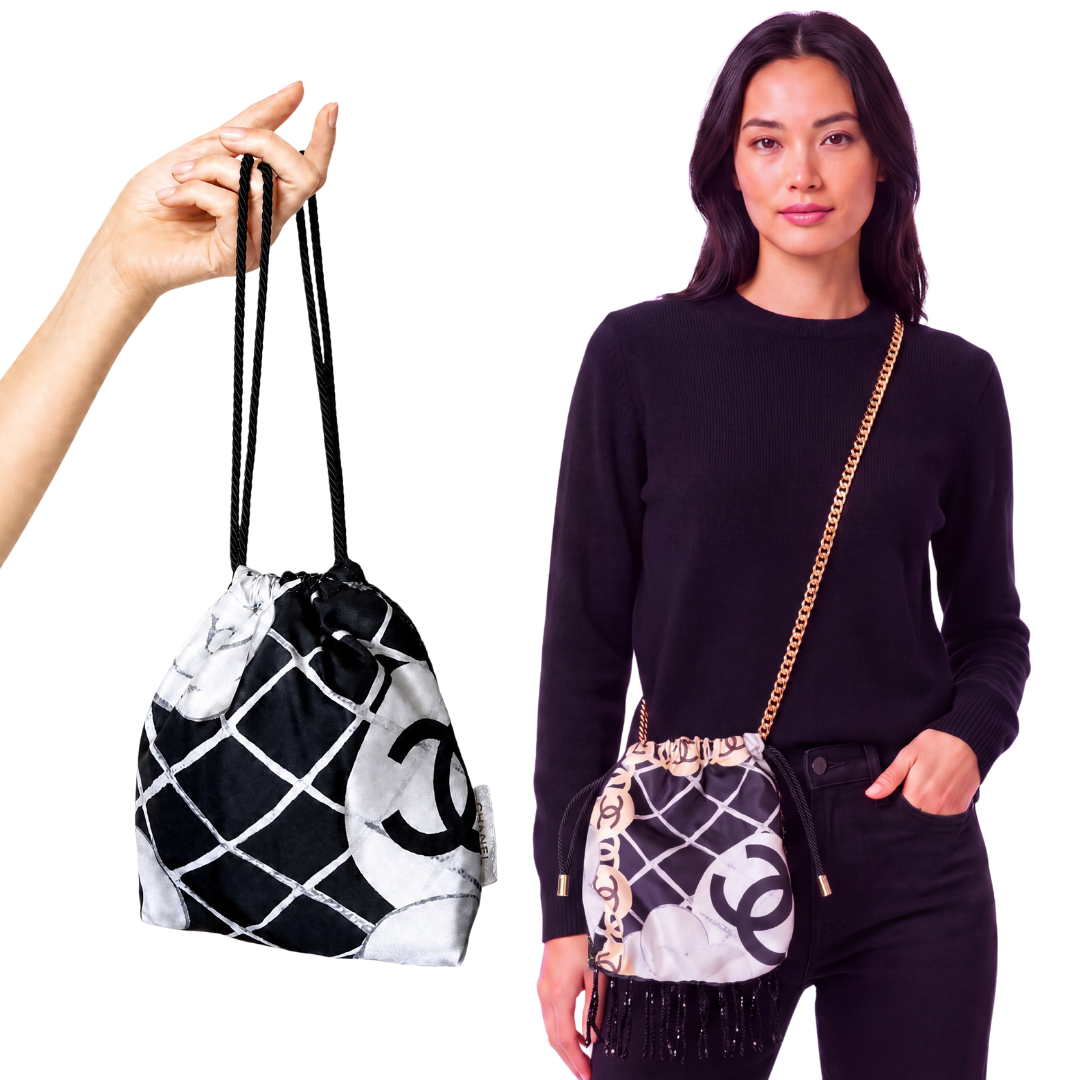 CC Camellia Noir Vintage Scarf Drawstring Crossbody Bag