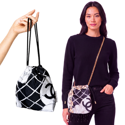 CC Camellia Noir Vintage Scarf Drawstring Crossbody Bag