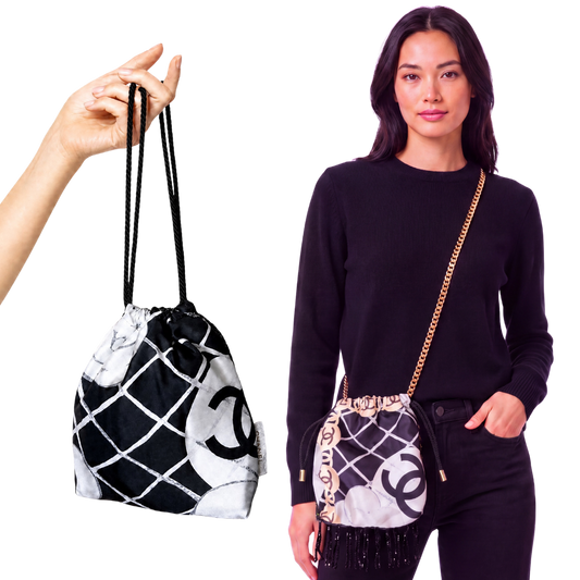 CC Camellia Noir Vintage Scarf Drawstring Crossbody Bag