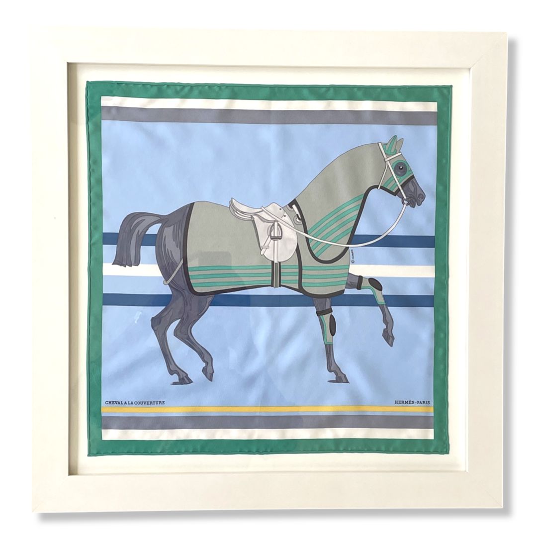 Framed Hermes Scarf Cheval a la Couverture Framed Vintage Silk Scarf 20" Vintage Hermes at Vintage Luxe Up