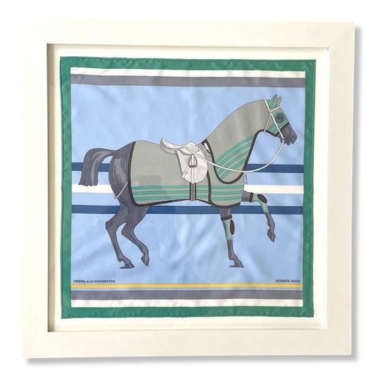 Framed Hermes Scarf Cheval a la Couverture Framed Vintage Silk Scarf 20" Vintage Hermes at Vintage Luxe Up