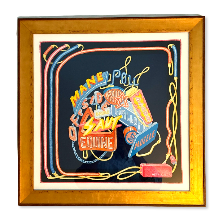 Framed Hermes Scarf Chevaloscope Neon Framed Vintage Silk Scarf 22" Vintage Hermes at Vintage Luxe Up