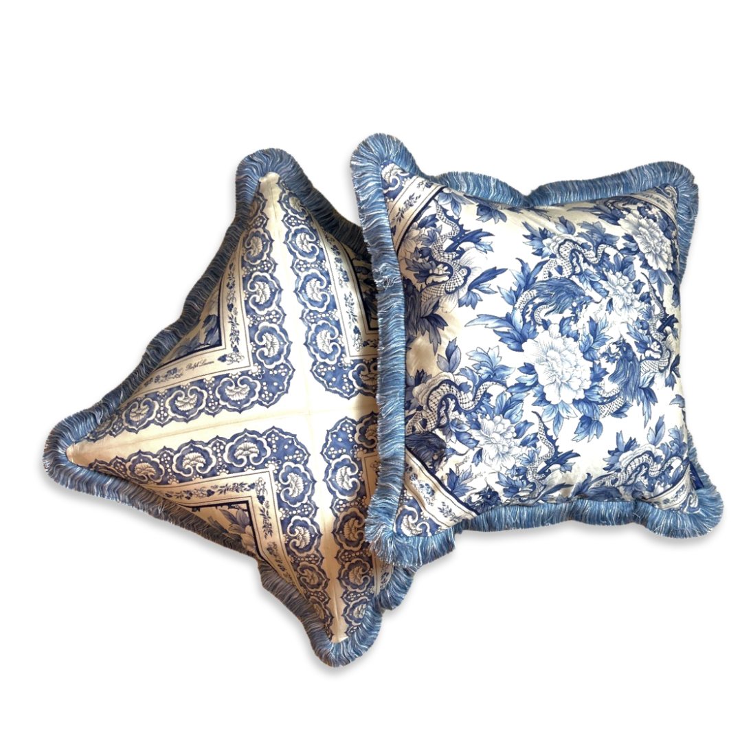 Vintage Ralph Lauren Pillow Chinoiserie Dragon Vintage Silk Scarf Pillows 26" at Vintage Luxe Up