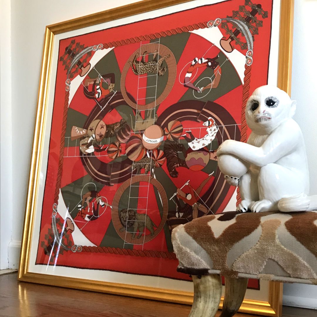 Framed Hermes Scarf Circus Framed Vintage Silk Scarf 32" Vintage Hermes at Vintage Luxe Up