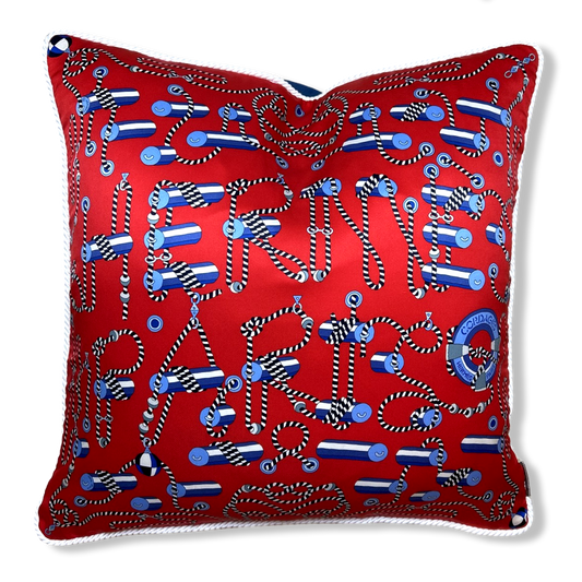 Vintage Hermes Pillow Cordages Rouge Vintage Silk Scarf Pillow 26" at Vintage Luxe Up