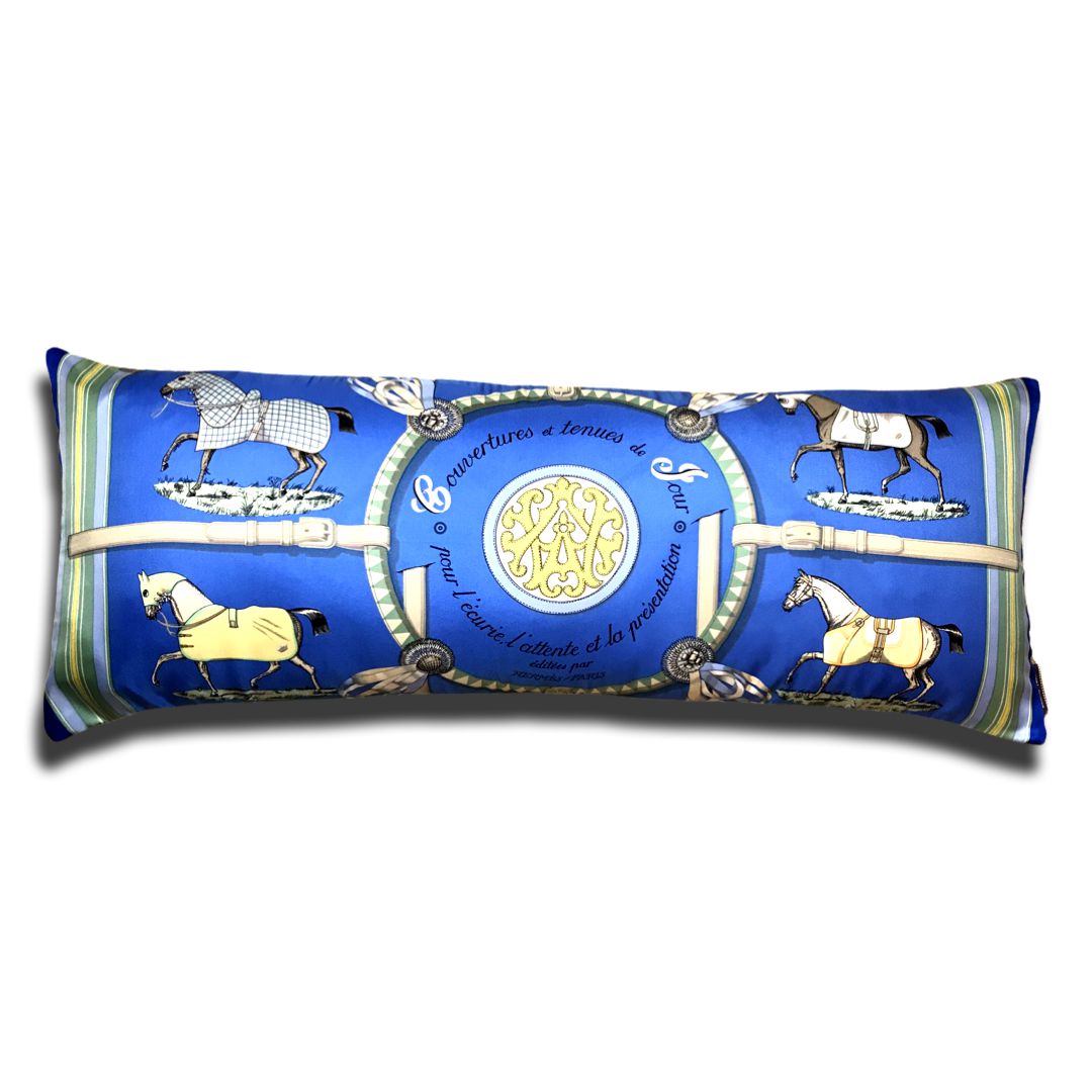 Vintage Hermes Pillow Couvertures et Tenues du Jour Blue Vintage Silk Scarf Lumbar Pillow 35" at Vintage Luxe Up