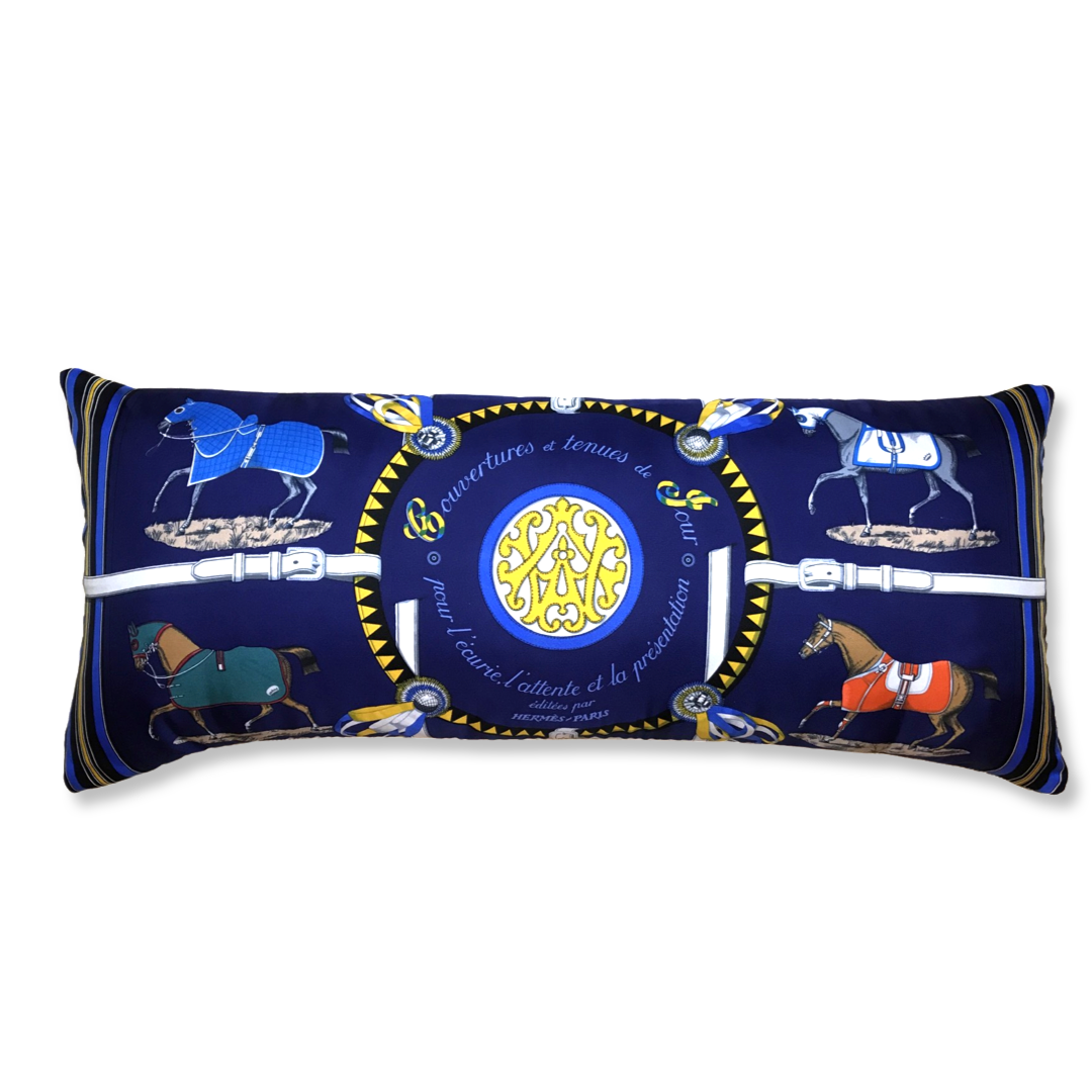 Vintage Hermes Pillow Couvertures et Tenues du Jour Blue Vintage Silk Scarf Lumbar Pillow 35" at Vintage Luxe Up
