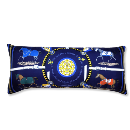 Vintage Hermes Pillow Couvertures et Tenues du Jour Blue Vintage Silk Scarf Lumbar Pillow 35" at Vintage Luxe Up