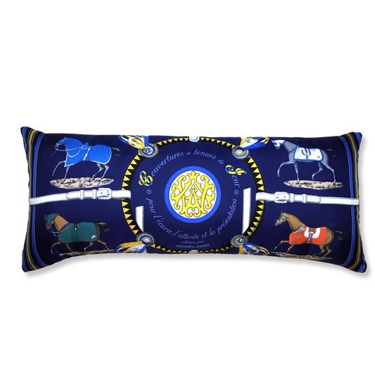 Vintage Hermes Pillow Couvertures et Tenues du Jour Blue Vintage Silk Scarf Lumbar Pillow 35" at Vintage Luxe Up